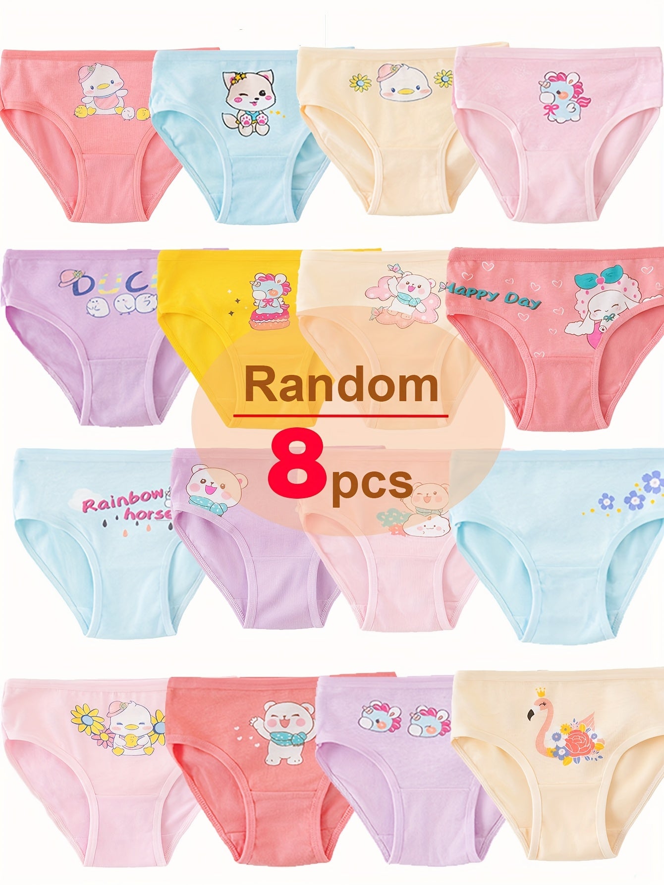 8pcs Random Kids Girls Cartoon Panties, Toddler Cute Briefs, Soft Breathable Children Bikini Underwear