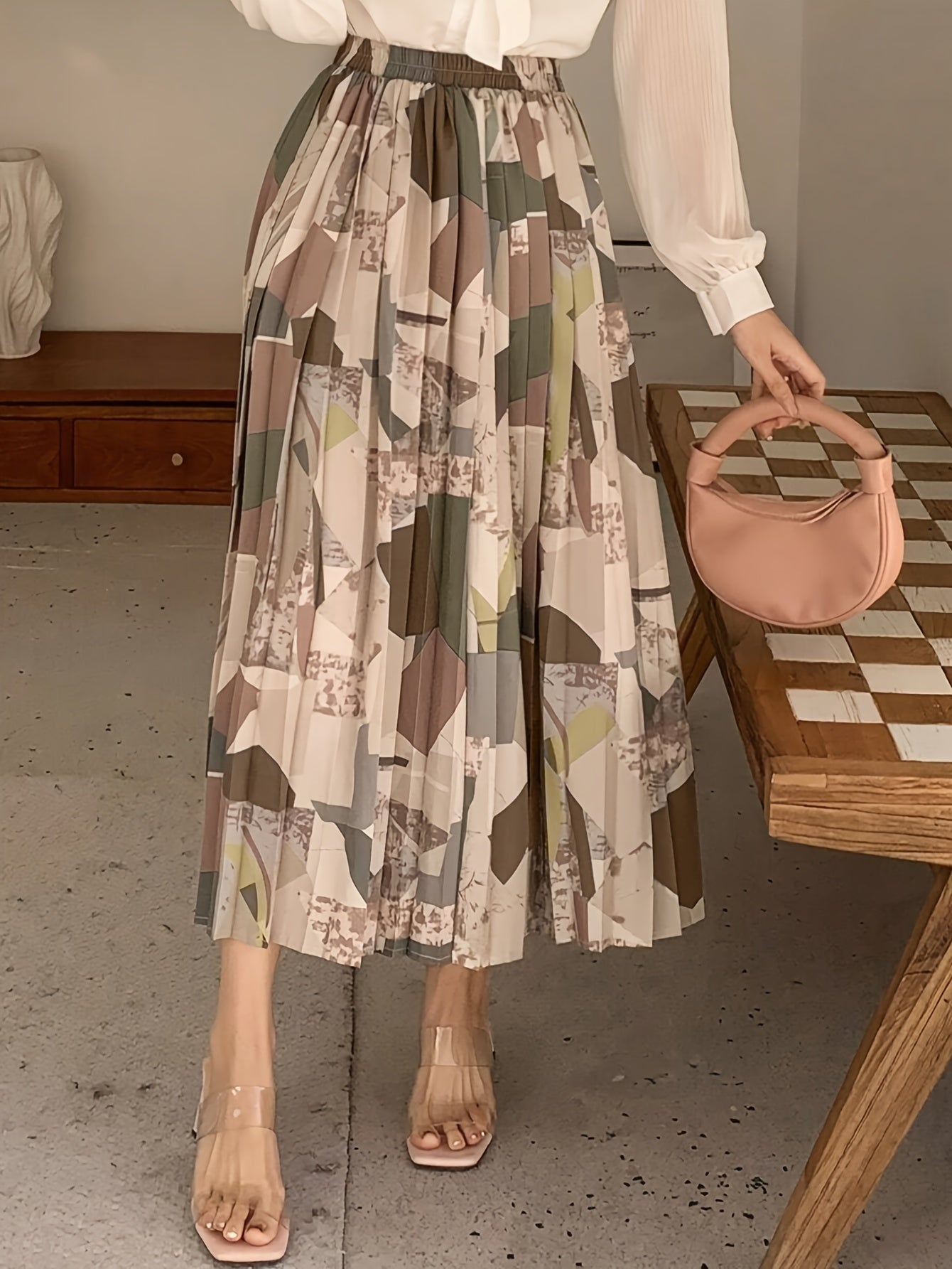 Elegant Geometric Pattern Pleated Midi Skirt for Women - Versatile, Fashion-Forward, Non-Stretch Polyester Fabric, Machine Washable - Perfect for All Seasons, Allseason Wear|Asymmetrical Hemline|Comfortable Fit