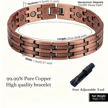 Pulseira magnética para homem em cobre puro 99,99%, estilo casual com ferramenta de ajuste, jóia ideal para oferecer ao pai e avô no Dia do Pai ou aniversário.