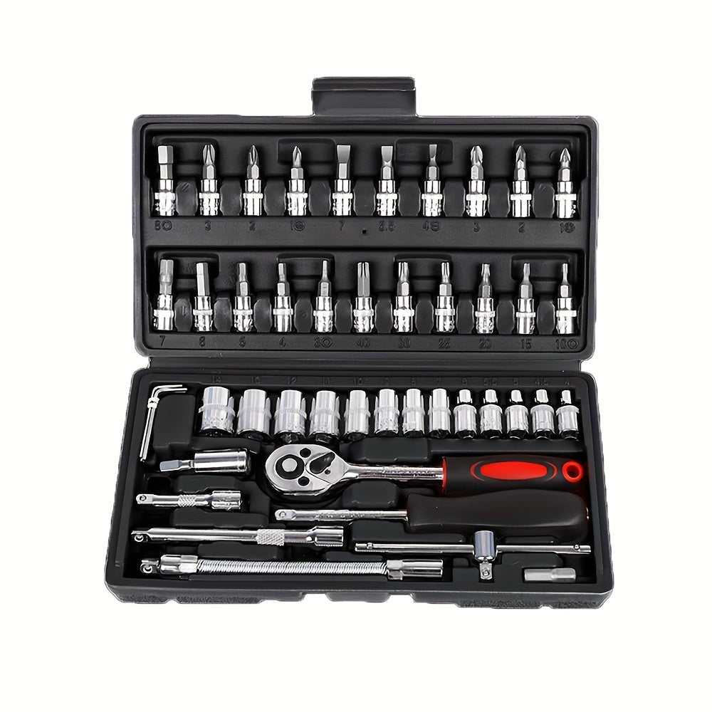 46pcs Motorcycle And Car Repair Toolkit: Ratchet Torque Wrench, Wrench, Screwdriver, Socket Set - Perfect For Motorcycle And Car Repairs!