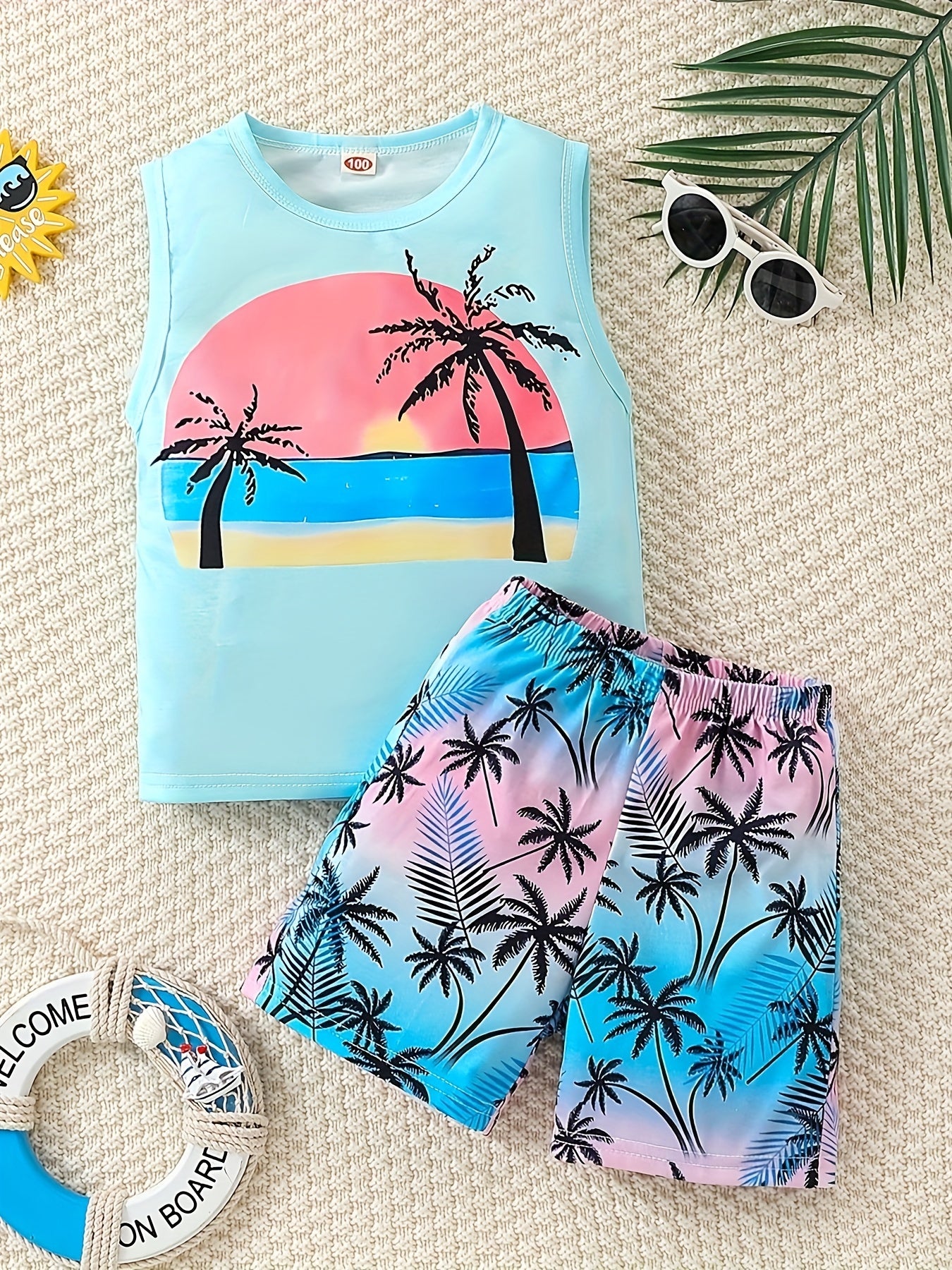 Boy's Coconut Trees Casual Outfit Round Neck Tank Top & Shorts Comfortable Breathable For Summer Kids Clothes Sets, Ideal For Daily & Outdoor Wear