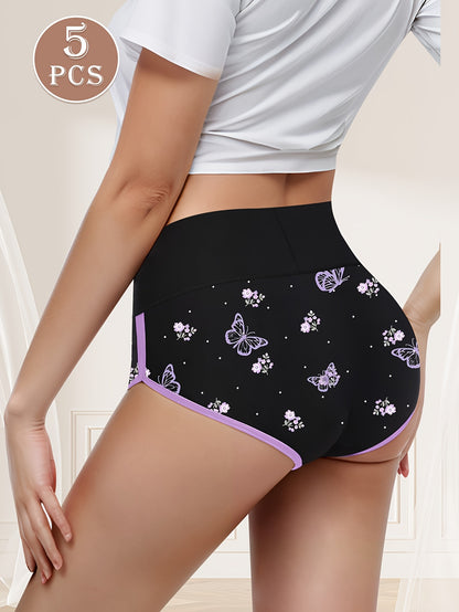 5pcs Women'S High-Waisted Shapewear Briefs - Comfortable Two-Tone Design with "LOVE" Heart & Paw Print Patterns, Breathable Polyester Blend, Sizes S-XXL, Cute Underwear, Highwaisted Underwear, Elegant Underwear, Comfortable F