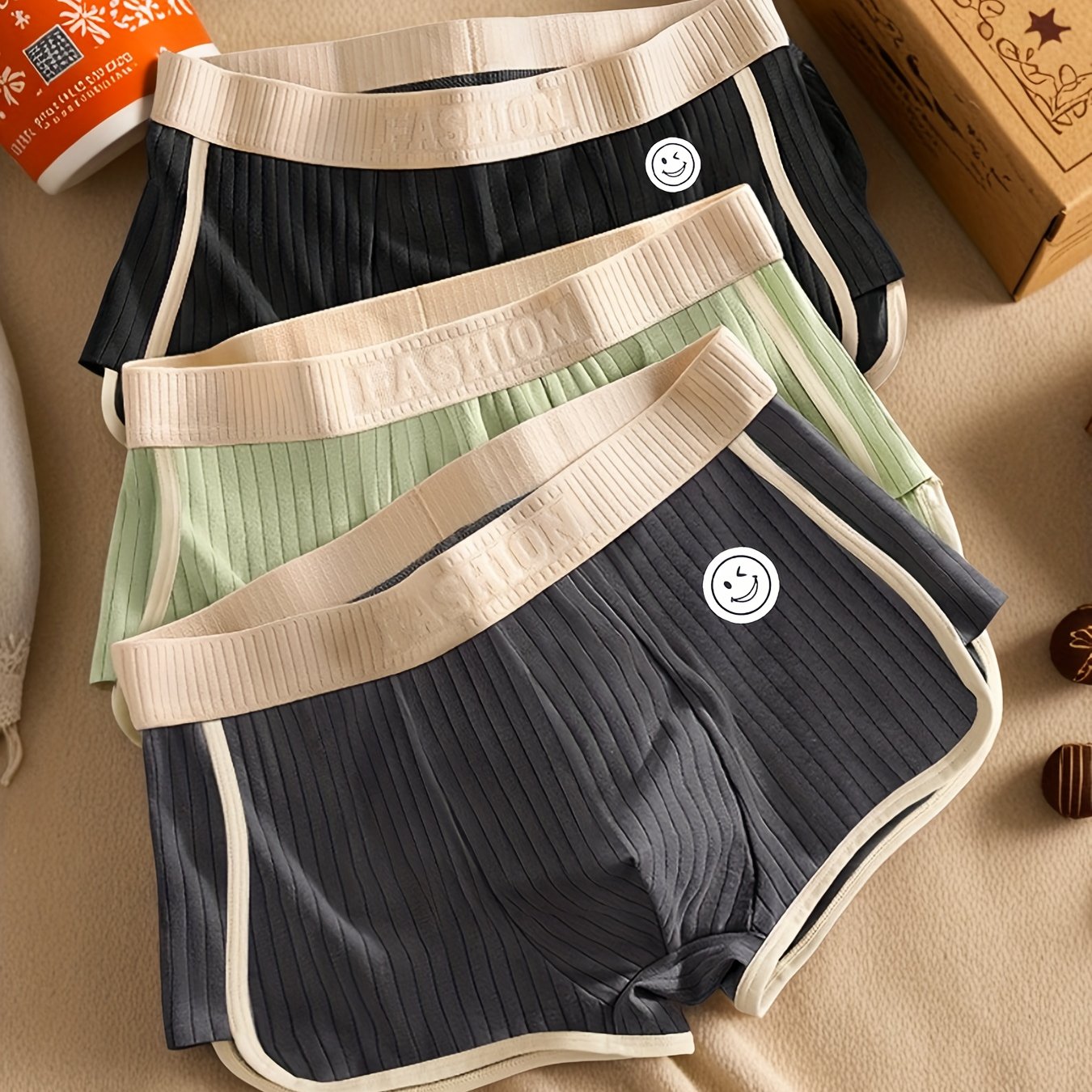 3pcs Men'S Boxer Briefs - Breathable, Comfortable, Stretchy Ribbed Striped Underwear in, Green, and, Perfect for Casual Attire or Sports, Comfortable Underwear | Ribbed Texture | Medium Elasticity