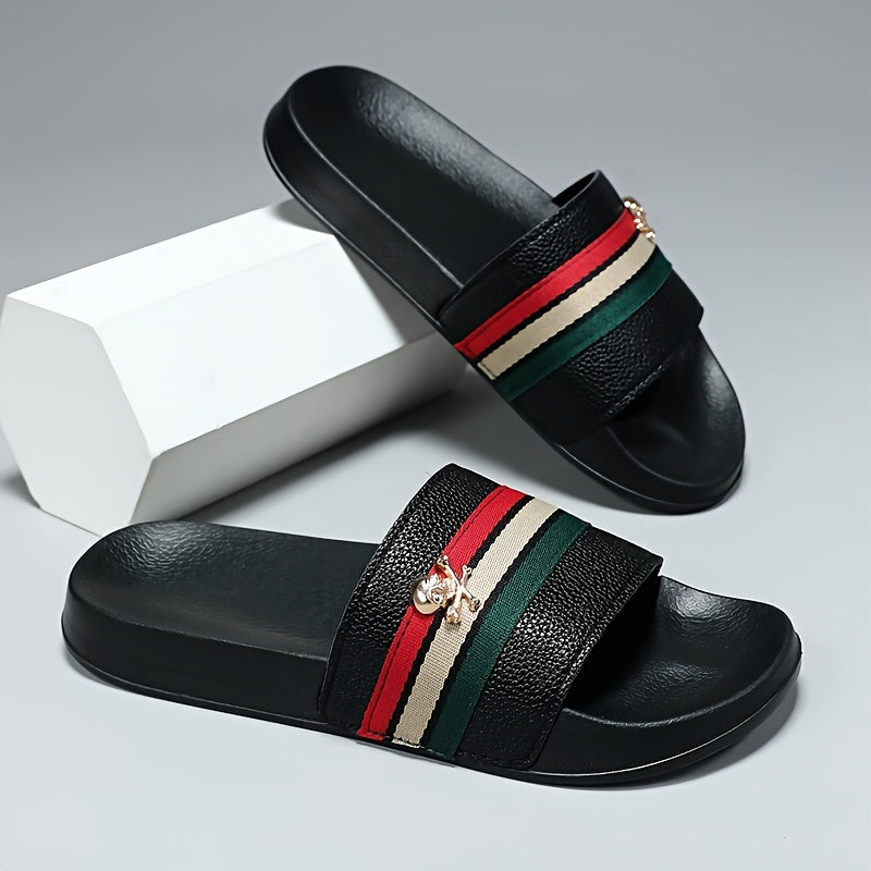EKBN Men's Slip-Resistant Arch Support Mules - All-Season EVA Slip-On Slippers with Golden Buckle Strap &amp; Black/Red/Green Striped Design, Cushioned Insole for Indoor/Outdoor House Shoes, Casual &amp; Formal Wear - Comfortable &amp; D