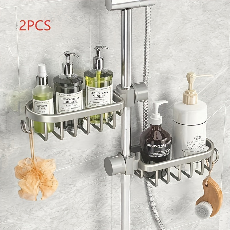 2pcs Aluminum Shower Caddy - Sturdy &amp; Easy to Install with Hooks, Suitable for Shampoo, Body Wash, Sponge Brush - Modern Style, Rust-Resistant Material, Bathroom Accessory