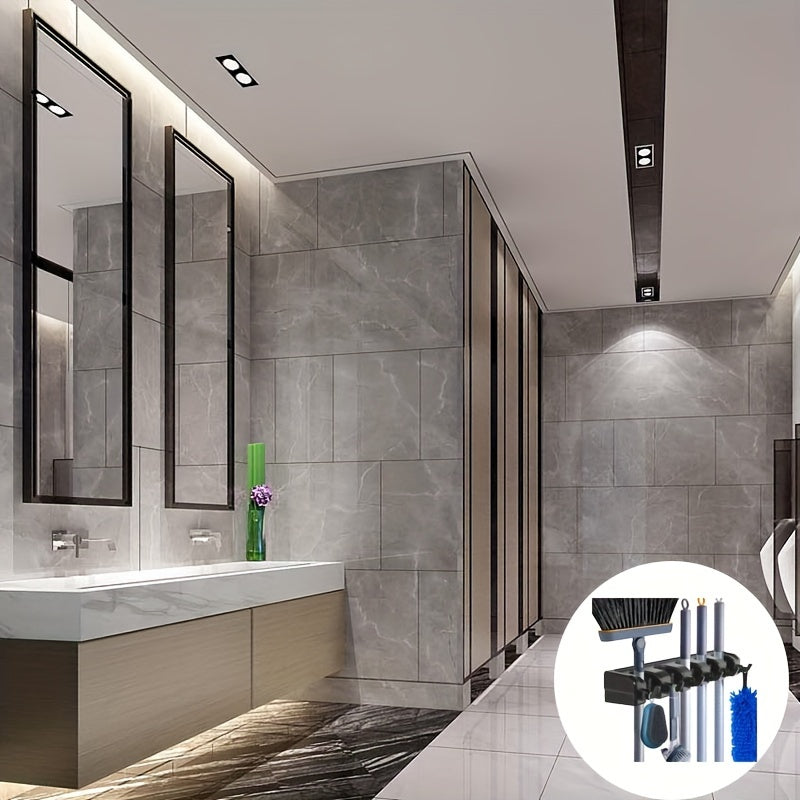 1pc Broom Holder, Wall Mounted Garden Tool Organizer, Home Laundry Room, Closet, Shed, Garage Organization And Storage Utility Rack, 5 Slots & 6 Hooks