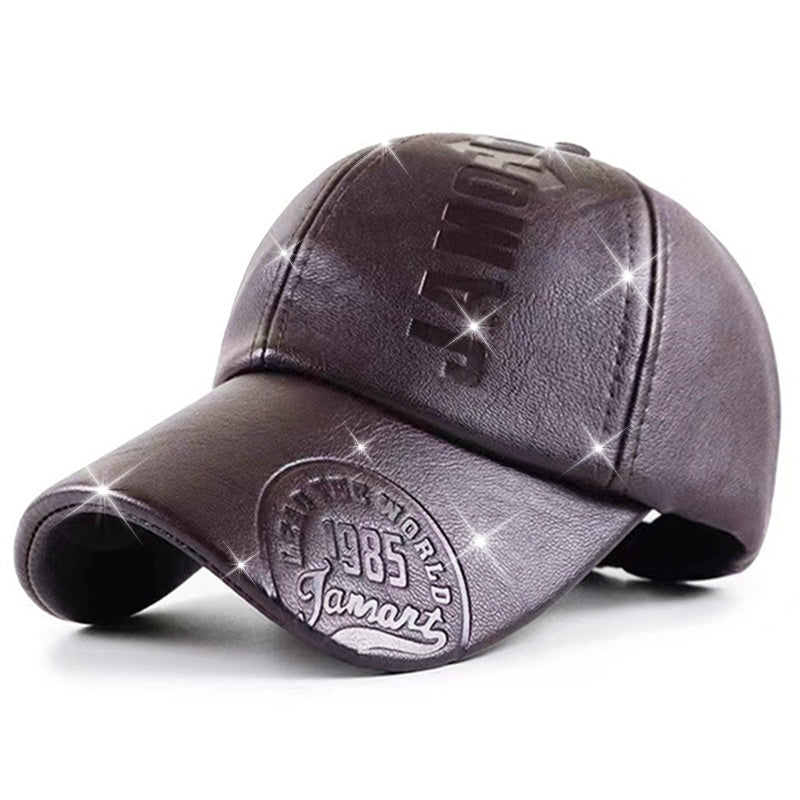 Men's High Quality PU Leather Baseball Cap with Adjustable Snap Closure - Embossed Vintage 1993 JAM Design, Black Casual Hat for Christmas & Outdoor Activities, Adjustable Baseball Cap