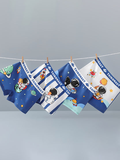4pcs Boys' Boxer Briefs - Soft Stretchy Underwear with Cute Cartoon Astronaut & Space-Themed Designs, Breathable All-Season Comfort, Regular Fit for Youngsters & Youngsters, Youngsters Underwear, Playful Youngsters' Apparel,