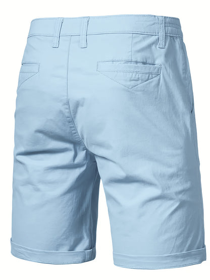Men'S Classic Solid Color Polyester Short Pants, Casual Golf Wear, Mid Waist, Regular Fit, Slight Stretch Fabric, with Pocket
