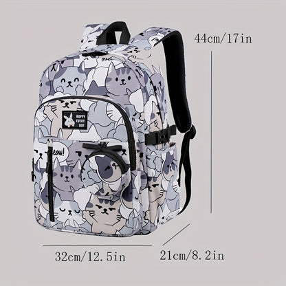 Casual Fashion Cartoon Cats Print Knapsack With Adjustable Strap And Large Capacity, Zip Up, Trendy Backpack For Travel And School