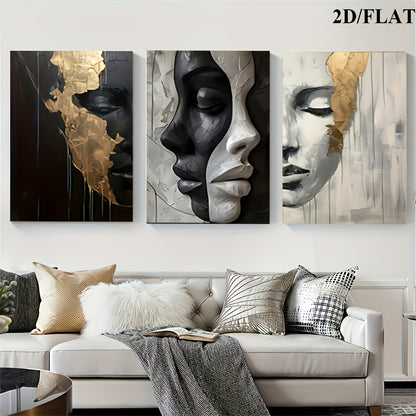 2D/Flat 3pcs Abstract Black and White Elegant Canvas Art with Wooden Frame, Large Wall Decor – Perfect for Living Room, Bedroom, Dining Room, Office – Ideal Halloween &amp; Easter Gift, Flat 2D Design
