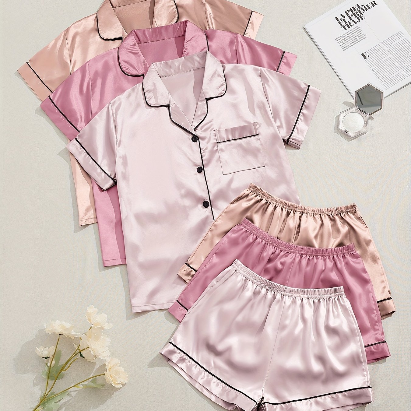 3 Sets Satin Pajama Set, Short Sleeve Lapel Top &amp; Elastic Waistband Shorts, Women's Sleepwear &amp; Loungewear