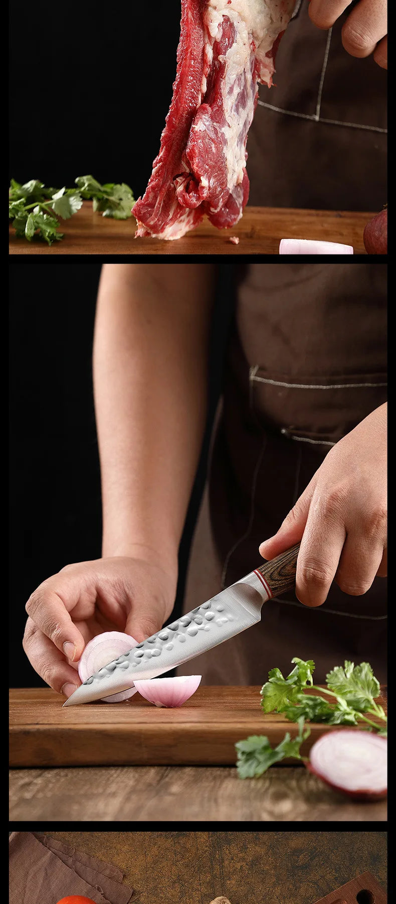 Conjunto de facas de chef de alta qualidade, faca para fruta forjada à mão e faca para corte de carne com cabo de madeira colorida.