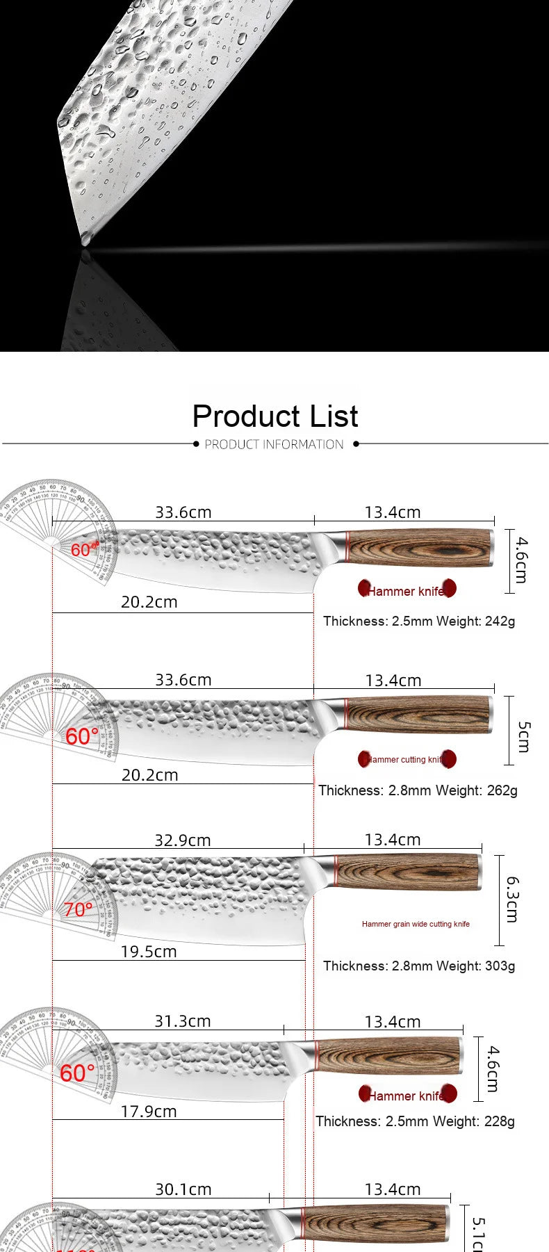 Conjunto de facas de chef de alta qualidade, faca para fruta forjada à mão e faca para corte de carne com cabo de madeira colorida.