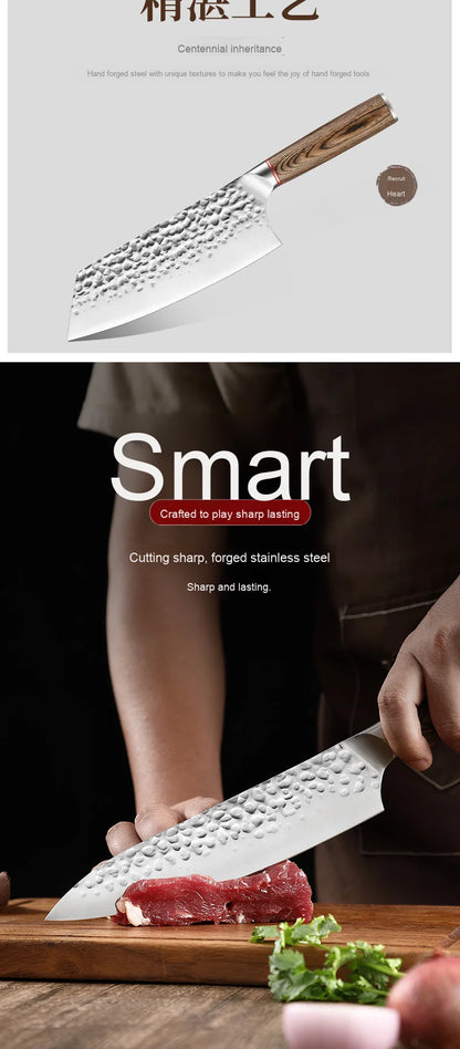 Conjunto de facas de chef de alta qualidade, faca para fruta forjada à mão e faca para corte de carne com cabo de madeira colorida.