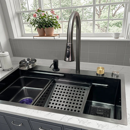 Popular 304 Stainless Steel Sink Kitchen 6846 Multifunction Large Rectangular Waterfall Sinks with Faucet