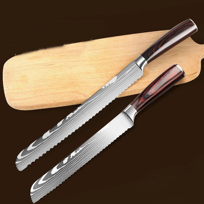 8-Inch Stainless Steel Serrated Bread Slicing Knife Pakka Wood Handle Baking Meat Cutting Cake Preparation Knives