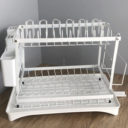 YOTO Modern Dish Rack Space-Saving 2-tier Dish Drainer Organizer Drainboard Set Folding Drying Rack Drainer Cutlery Drainer