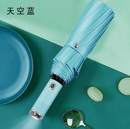 Hot Sale Multi-Color Foldable Automatic Umbrella with Built-in LED Light Handle for Outdoor Activities