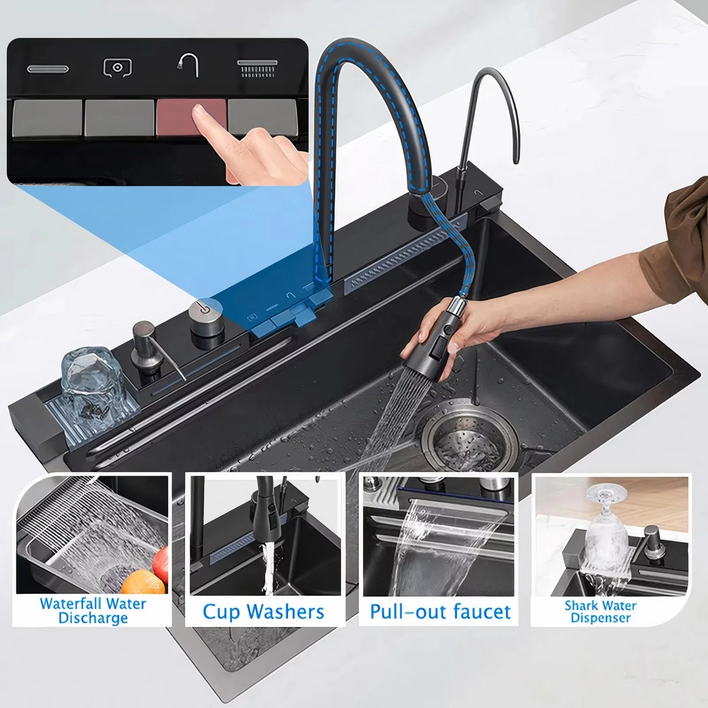 High Quality Modern Smart Multifunction Stainless Steel 304 Waterfall Sink Handmade Undermount Kitchen Counter Installation