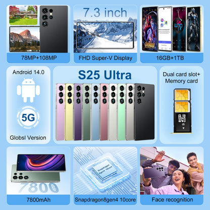 Factory Price S25 Ultra 16GB+1TB Android Big Screen phone  Dual SIM LTE Mobile Phone  Model S25 with Full HD Screen 108MP Camera