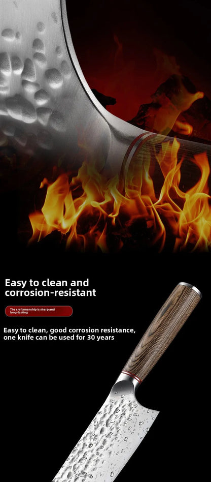 Conjunto de facas de chef de alta qualidade, faca para fruta forjada à mão e faca para corte de carne com cabo de madeira colorida.