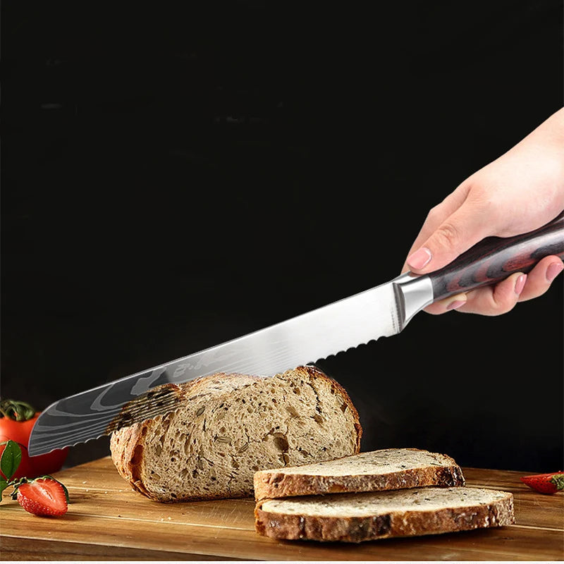 8-Inch Stainless Steel Serrated Bread Slicing Knife Pakka Wood Handle Baking Meat Cutting Cake Preparation Knives