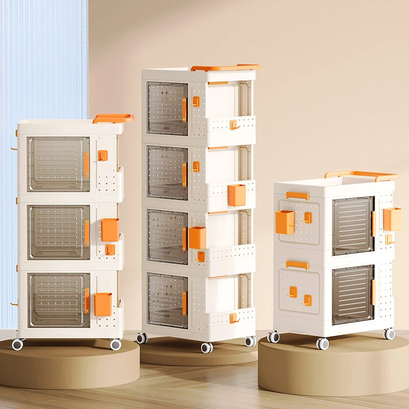 Caixa dobrável em plástico para uso doméstico, carrinho organizador para livros, brinquedos e produtos de limpeza de casas de banho. Organizador móvel e giratório. Formato retangular.