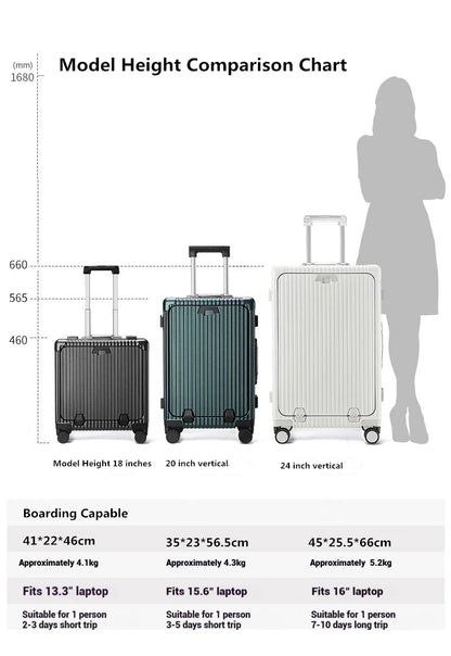2024 New Design Front Open Carry on  Luggage Lightweight Hard Side Suitcase Travel Luggage With USB Charger and Cup Holder