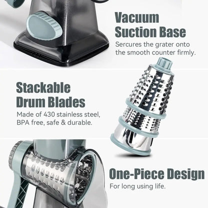 Rotary Cheese Grater with Handle  3 Changeable Blades for Cheese Potato Vegetable Cheese Shredder Slicer Grater for Kitchen