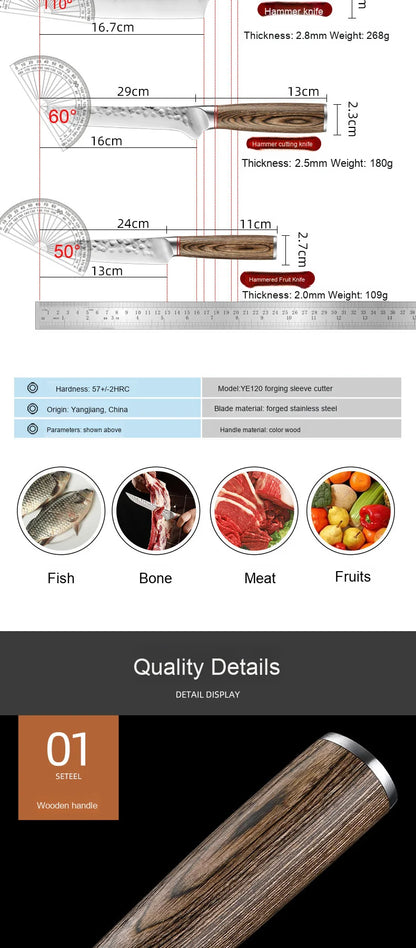 Conjunto de facas de chef de alta qualidade, faca para fruta forjada à mão e faca para corte de carne com cabo de madeira colorida.