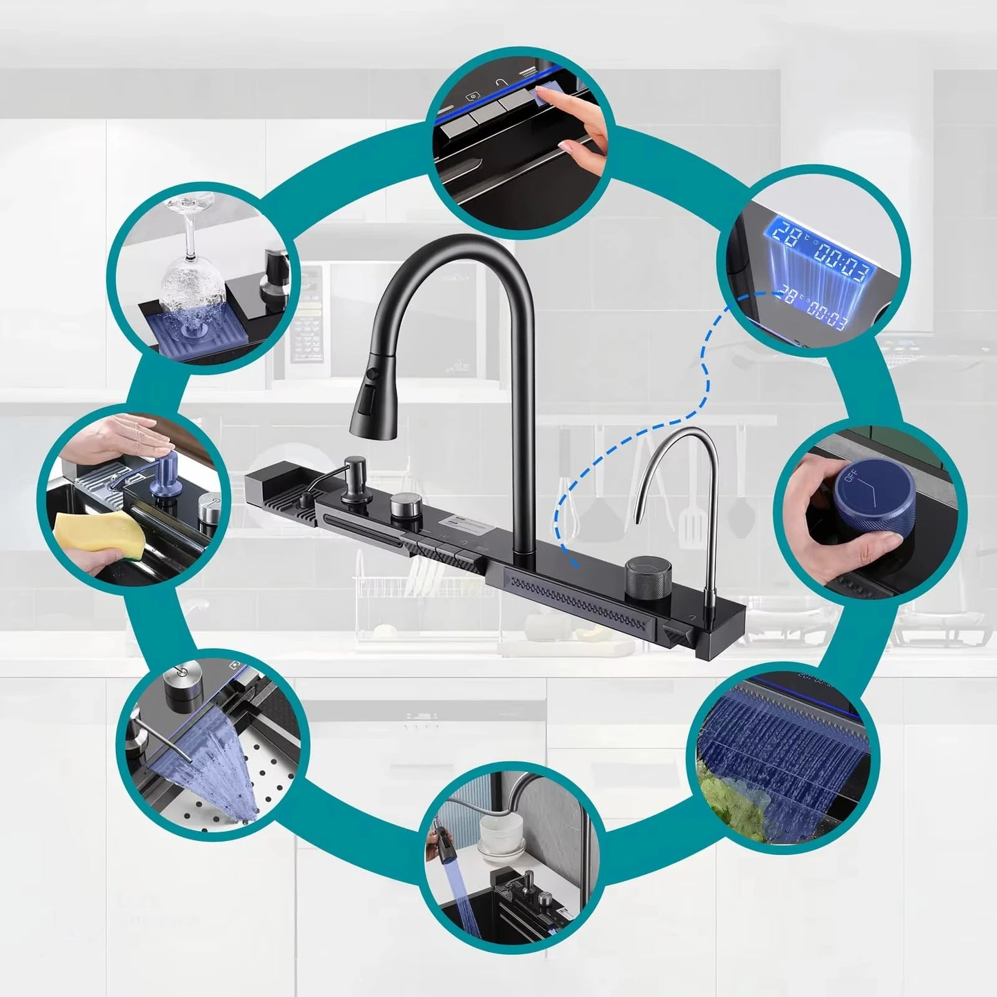 High Quality Modern Smart Multifunction Stainless Steel 304 Waterfall Sink Handmade Undermount Kitchen Counter Installation