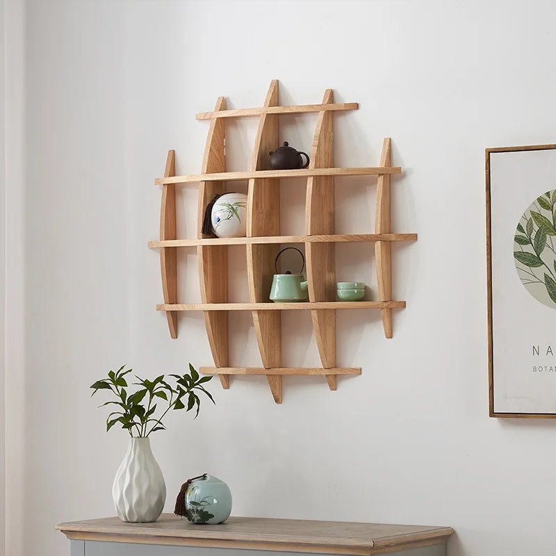 Custom Round Wall Mounted Curio Shelf - Chinese Style Solid Rubber Wood Display Rack for Tea Set/Living Room Decor