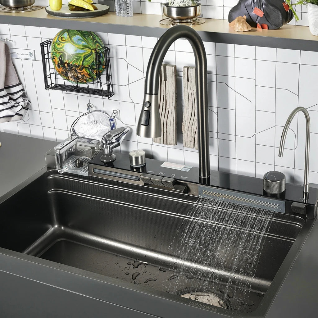 Handmade Stainless Steel Single Bowl Waterfall Sink Faucet Nano Surface with Four Holes Multifunctional Square Shape for Kitchen