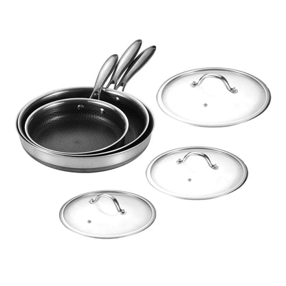 Hybrid Nonstick 6-Piece Fry Pan Set with Tempered Glass Lids Stay-Cool Handles Dishwasher and Oven Safe Induction Ready