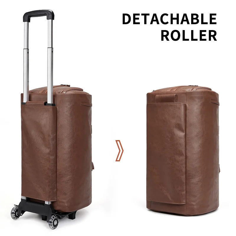 Factory Wholesale Custom Wheeled Garment Trolley Suit Bag Duffle Suitcase Overnight Pu Leather Travel Duffle Bag for Men