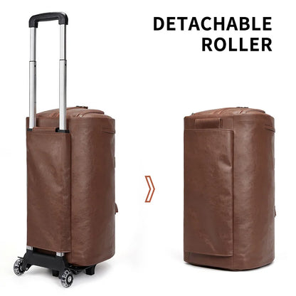 Factory Wholesale Custom Wheeled Garment Trolley Suit Bag Duffle Suitcase Overnight Pu Leather Travel Duffle Bag for Men