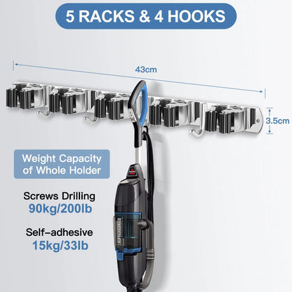Suporte de parede autocolante em aço inoxidável para vassouras e esfregonas, com clipes e escovas para limpeza.