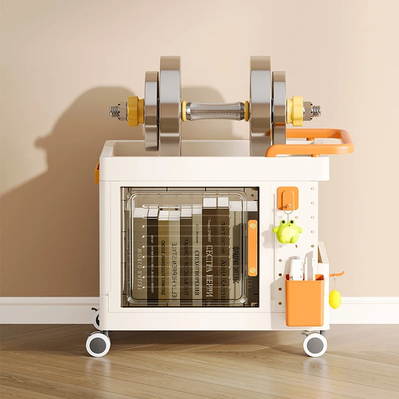 Caixa dobrável em plástico para uso doméstico, carrinho organizador para livros, brinquedos e produtos de limpeza de casas de banho. Organizador móvel e giratório. Formato retangular.