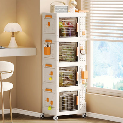 Caixa dobrável em plástico para uso doméstico, carrinho organizador para livros, brinquedos e produtos de limpeza de casas de banho. Organizador móvel e giratório. Formato retangular.