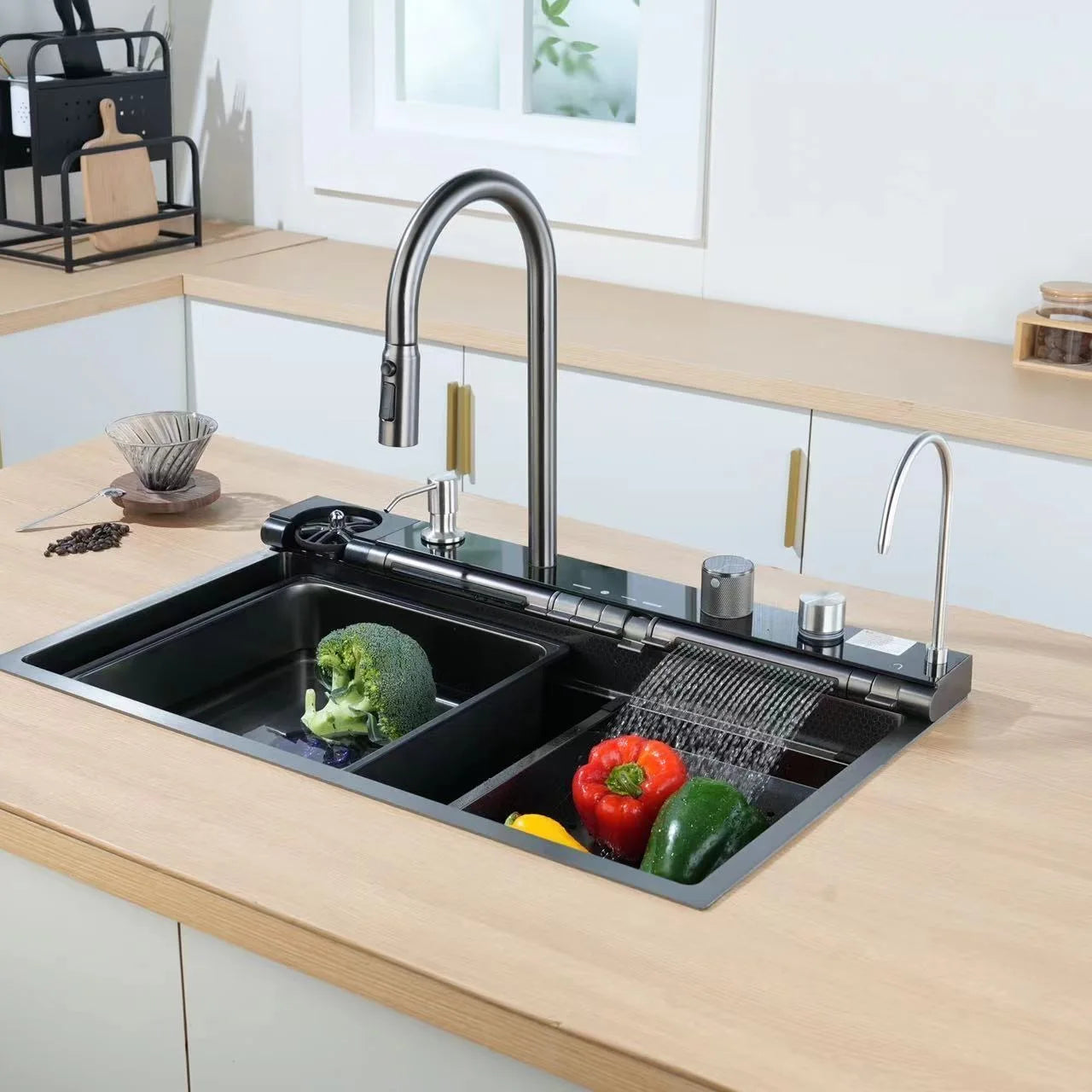 Rectangular Single Large Stainless Steel Sink Faucet Thickened Nano Honeycomb Digital Waterfall Design for Counter Kitchen Use