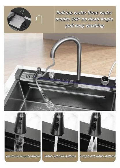 Hot Sale Anti-Scratch Multi Function Kitchen Sink Digital Double Waterfall Workstation Stainless Steel Handmade Kitchen Sink