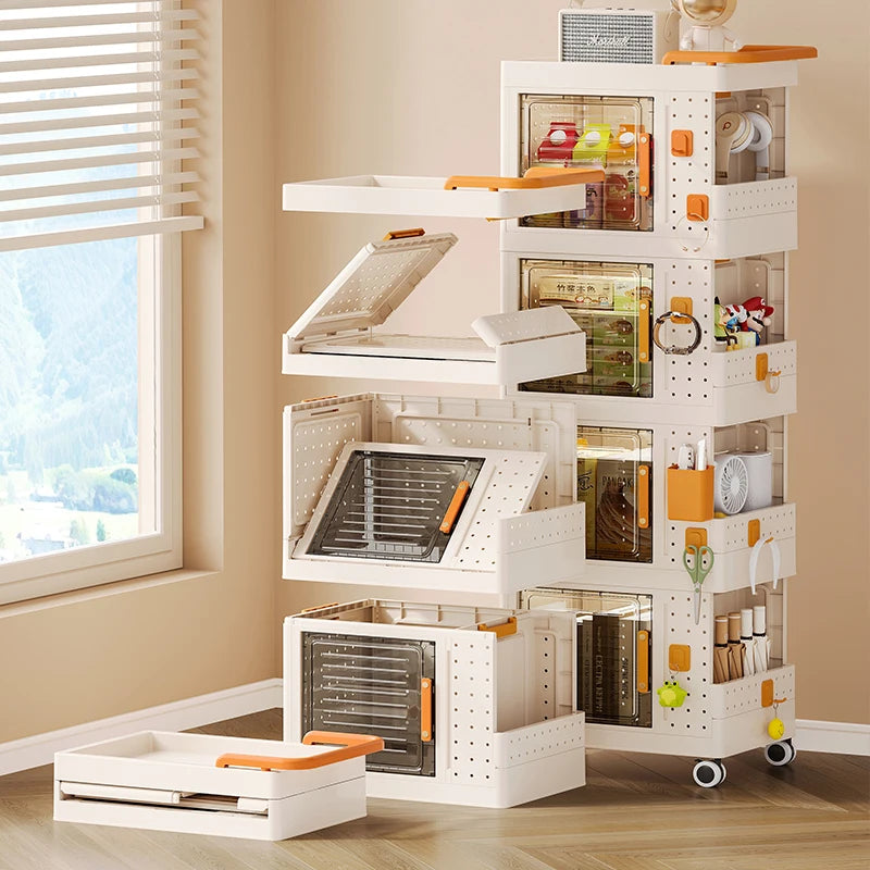 Caixa dobrável em plástico para uso doméstico, carrinho organizador para livros, brinquedos e produtos de limpeza de casas de banho. Organizador móvel e giratório. Formato retangular.