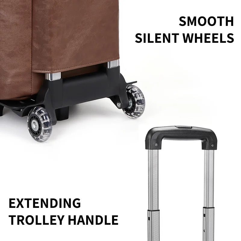 Factory Wholesale Custom Wheeled Garment Trolley Suit Bag Duffle Suitcase Overnight Pu Leather Travel Duffle Bag for Men