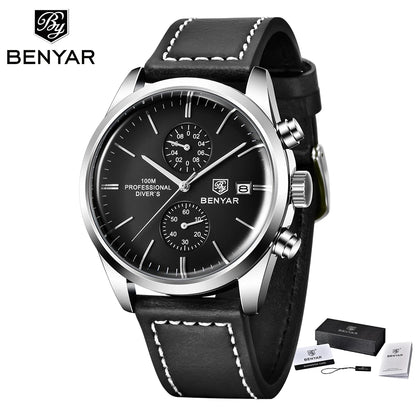 2024 New BENYAR Leather Men Quartz Wristwatches Luxury Brand 100M Waterproof Men Watch Military Sports Chronograph Watch for Men
