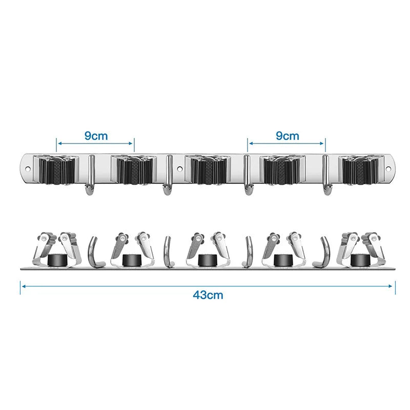 Suporte de parede autocolante em aço inoxidável para vassouras e esfregonas, com clipes e escovas para limpeza.