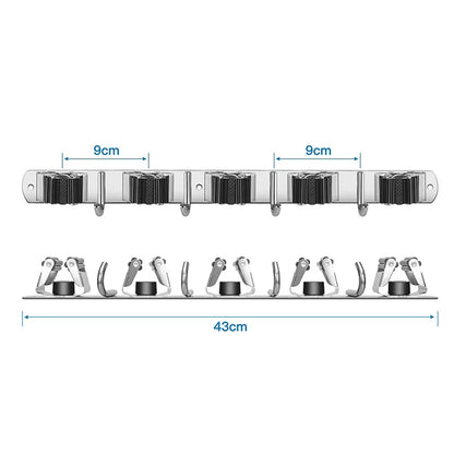 Suporte de parede autocolante em aço inoxidável para vassouras e esfregonas, com clipes e escovas para limpeza.