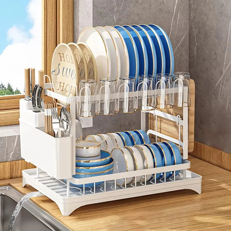 YOTO Modern Dish Rack Space-Saving 2-tier Dish Drainer Organizer Drainboard Set Folding Drying Rack Drainer Cutlery Drainer