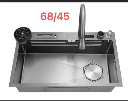 Handmade Stainless Steel Single Bowl Waterfall Sink Faucet Nano Surface with Four Holes Multifunctional Square Shape for Kitchen