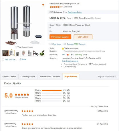 Premium Electric Salt Shaker Stainless Steel Pepper Mills Battery Operated Salt and Pepper Grinder Set for Kitchen